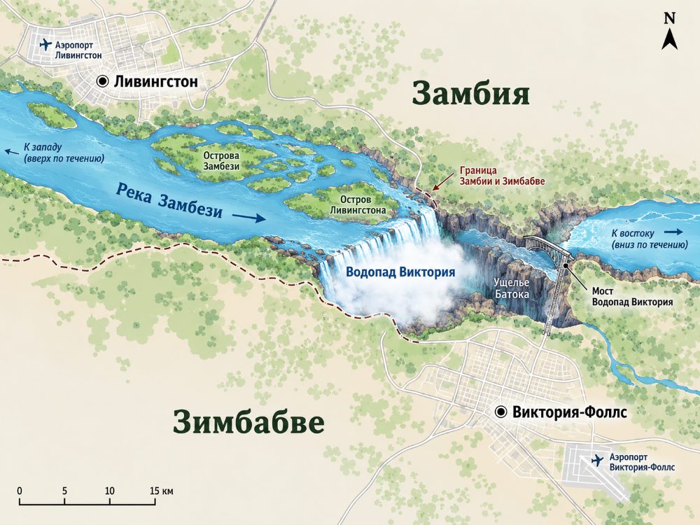Карта водопада Виктория: река Замбези, граница Замбии и Зимбабве, Ливингстон и Виктория-Фоллс